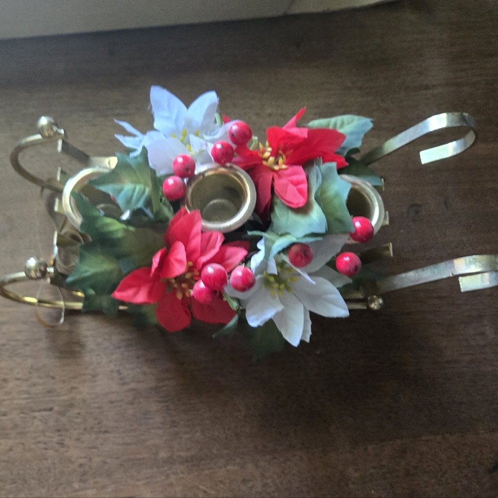 1984 Vintage Brass Christmas Sleigh Poinsettias 3 Candle Holder